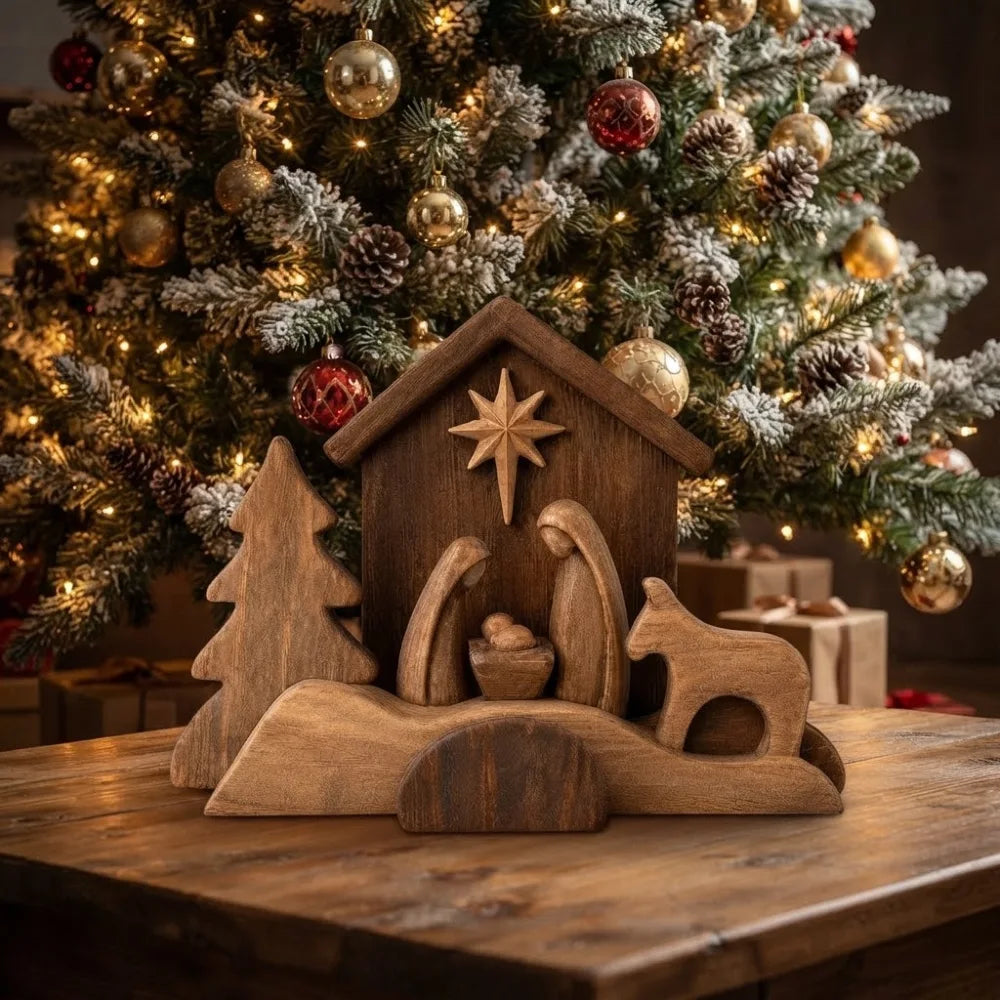 🪵 Rustic Wooden Nativity Scene Religious Christmas Decor