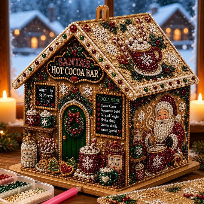 🎅3D Christmas House Pearl & Diamond Painting Kit – DIY Wooden Holiday Craft