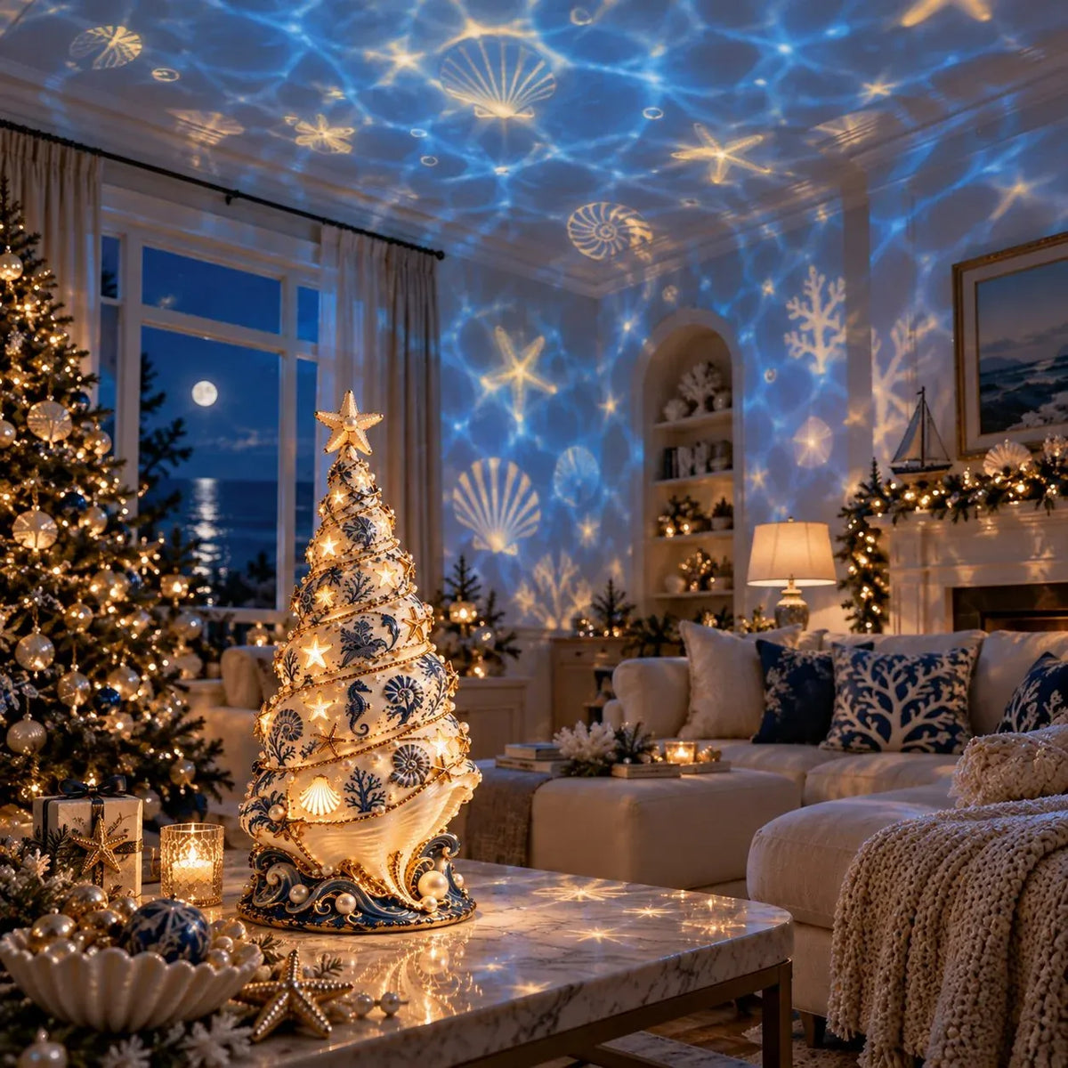 🌊Coastal Christmas Seashell Tree Projection Lamp| Warm Glow &Ocean-Inspired Holiday Projection