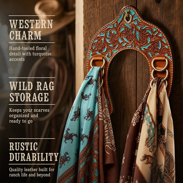 🌵 Western-Style Tooled Leather Horseshoe Hook – Equestrian Scarf/Silk Scarf Organizer & Decor
