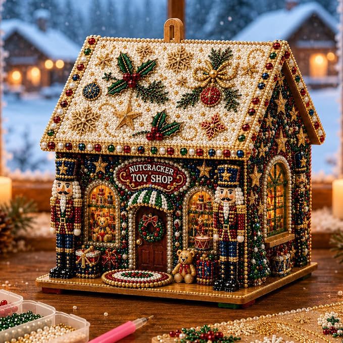 🎅3D Christmas House Pearl & Diamond Painting Kit – DIY Wooden Holiday Craft