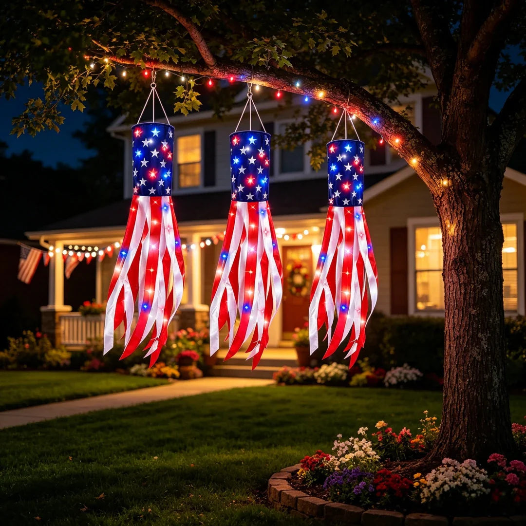3 Pack American Flag Windsocks with Red White Blue Lights