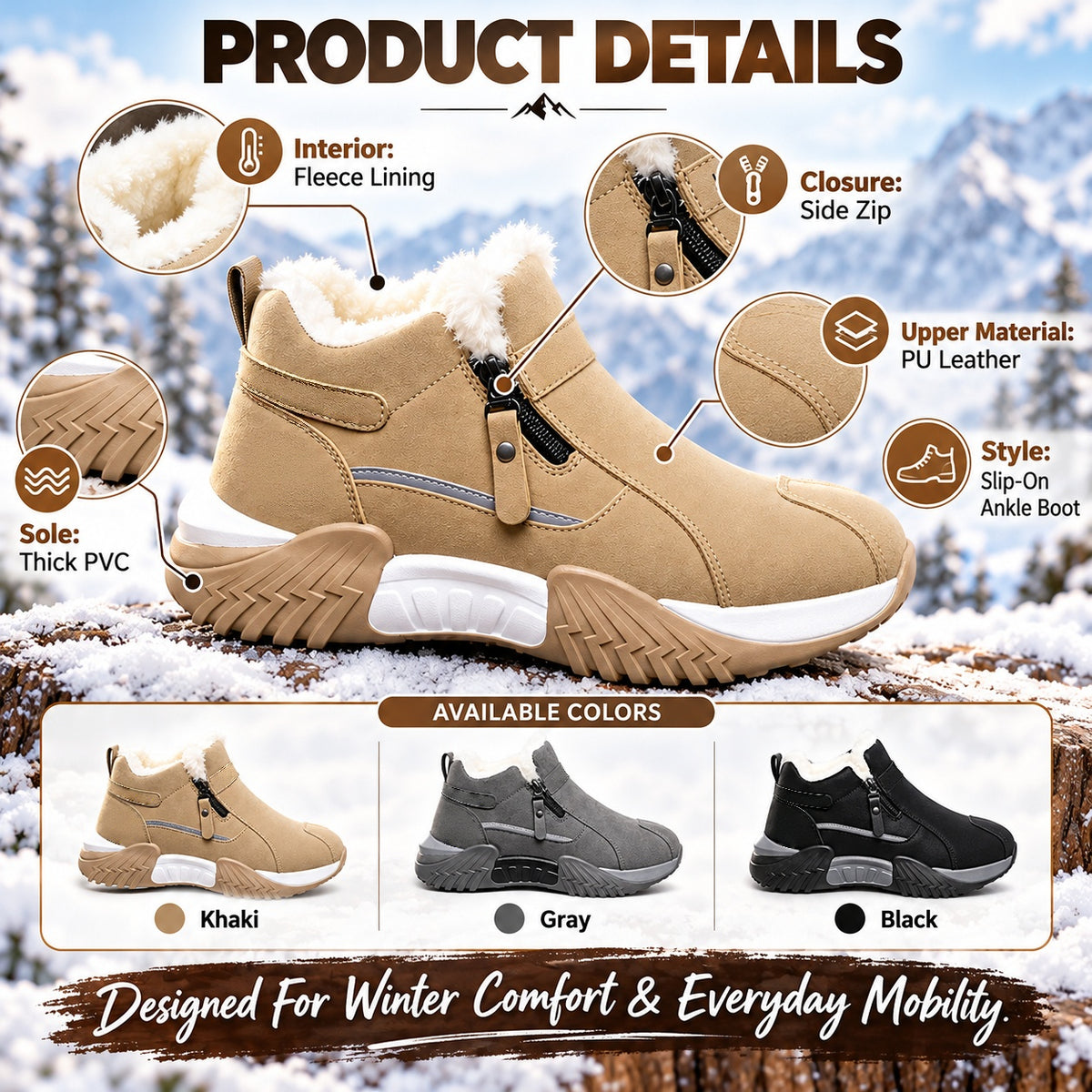 🥾 Anti Slip Warm Fur Lined Outdoor Winter Boots