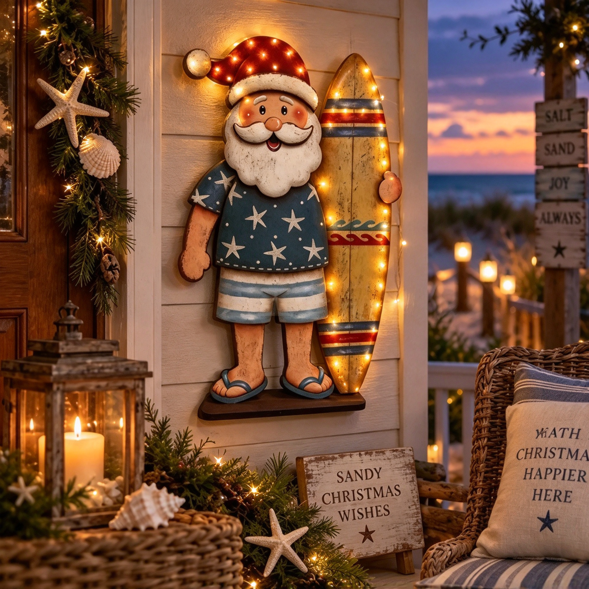 🌴 Beach Santa with Surfboard Wooden Christmas Sign