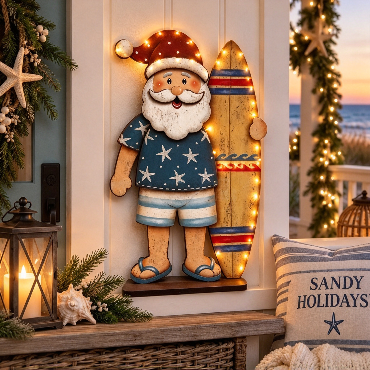 🌴 Beach Santa with Surfboard Wooden Christmas Sign