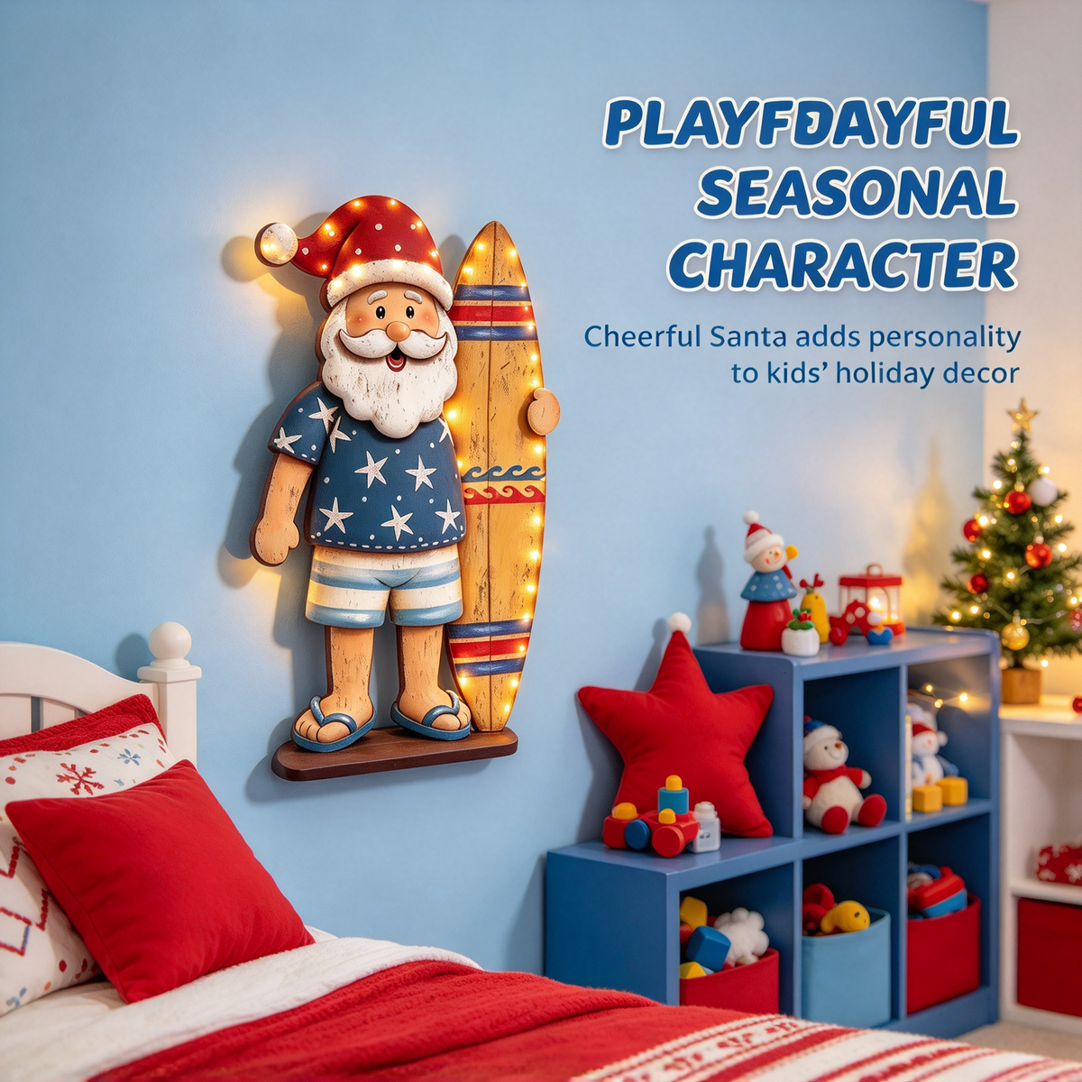 🌴 Beach Santa with Surfboard Wooden Christmas Sign