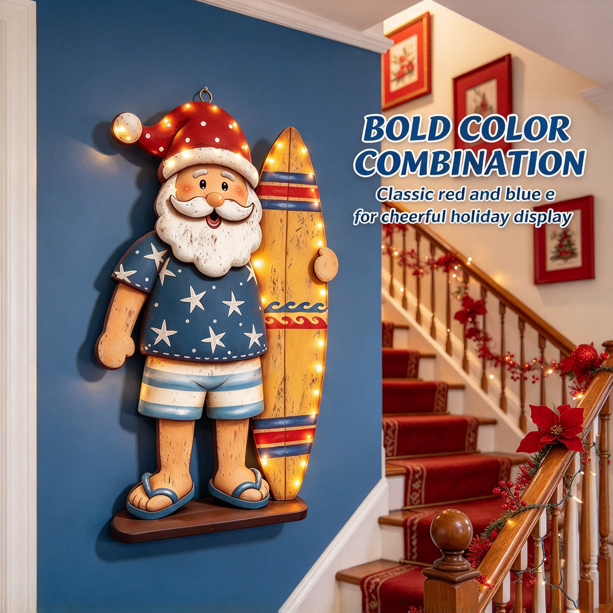 🌴 Beach Santa with Surfboard Wooden Christmas Sign