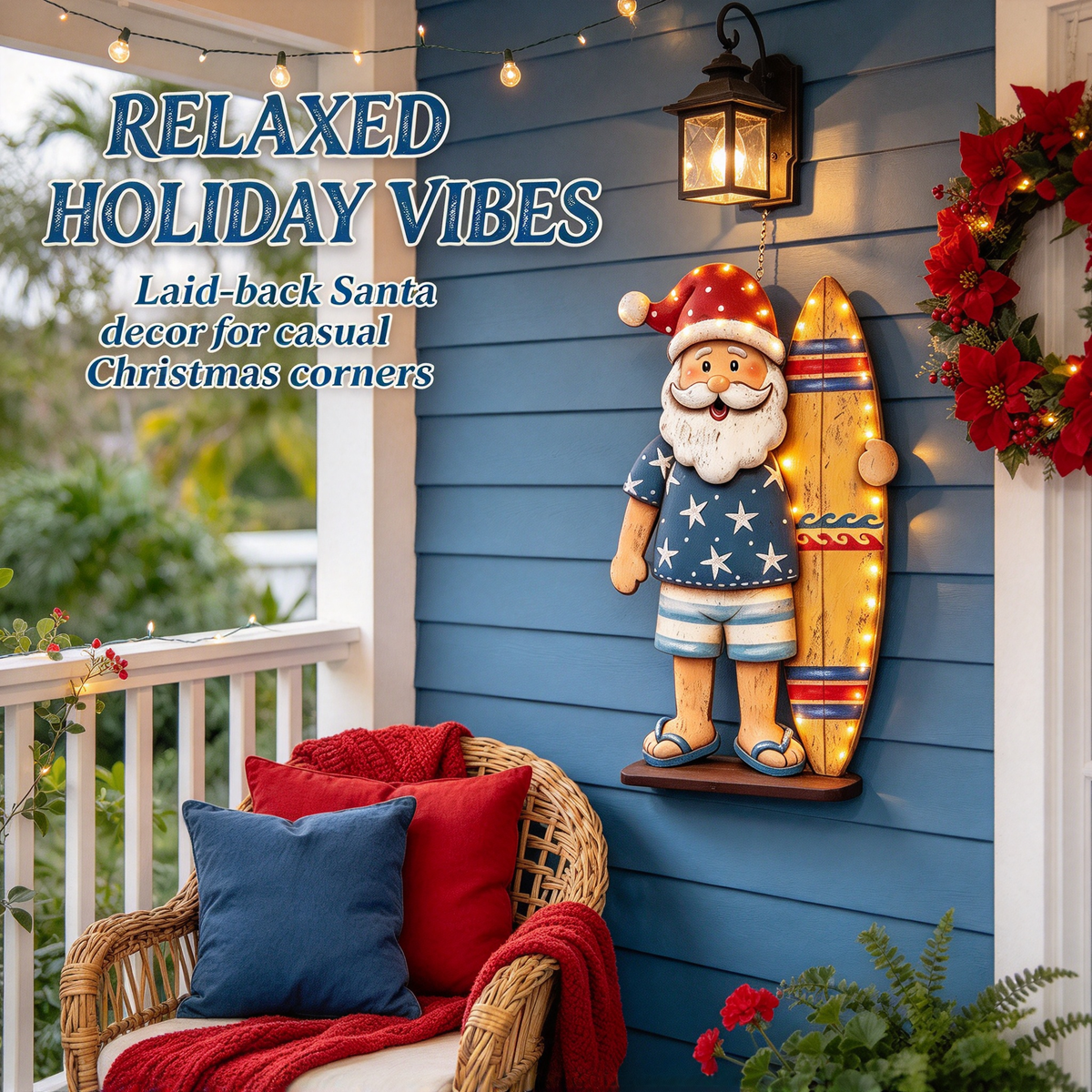 🌴 Beach Santa with Surfboard Wooden Christmas Sign