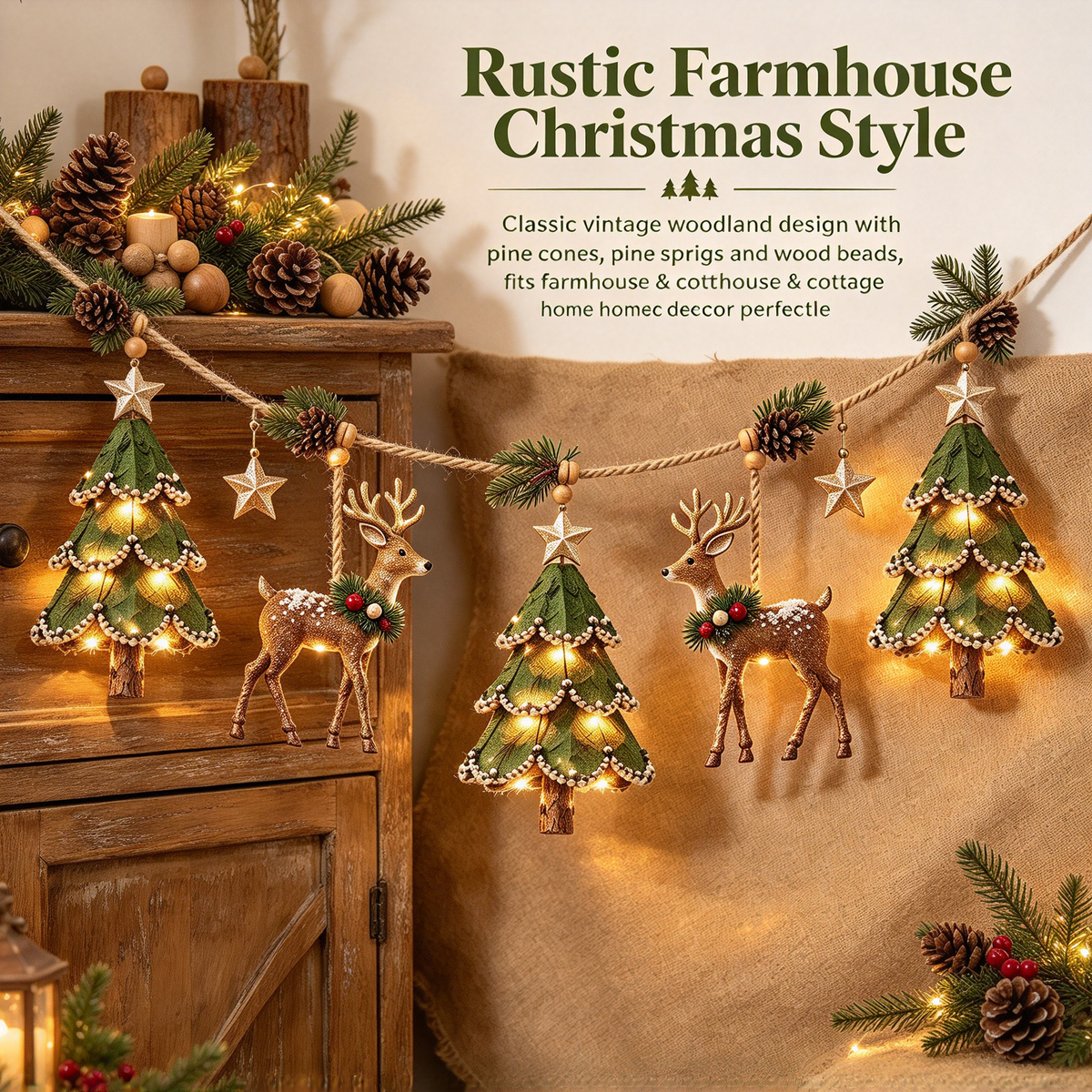 ✨ Farmhouse Lighted Christmas Mantel Garland