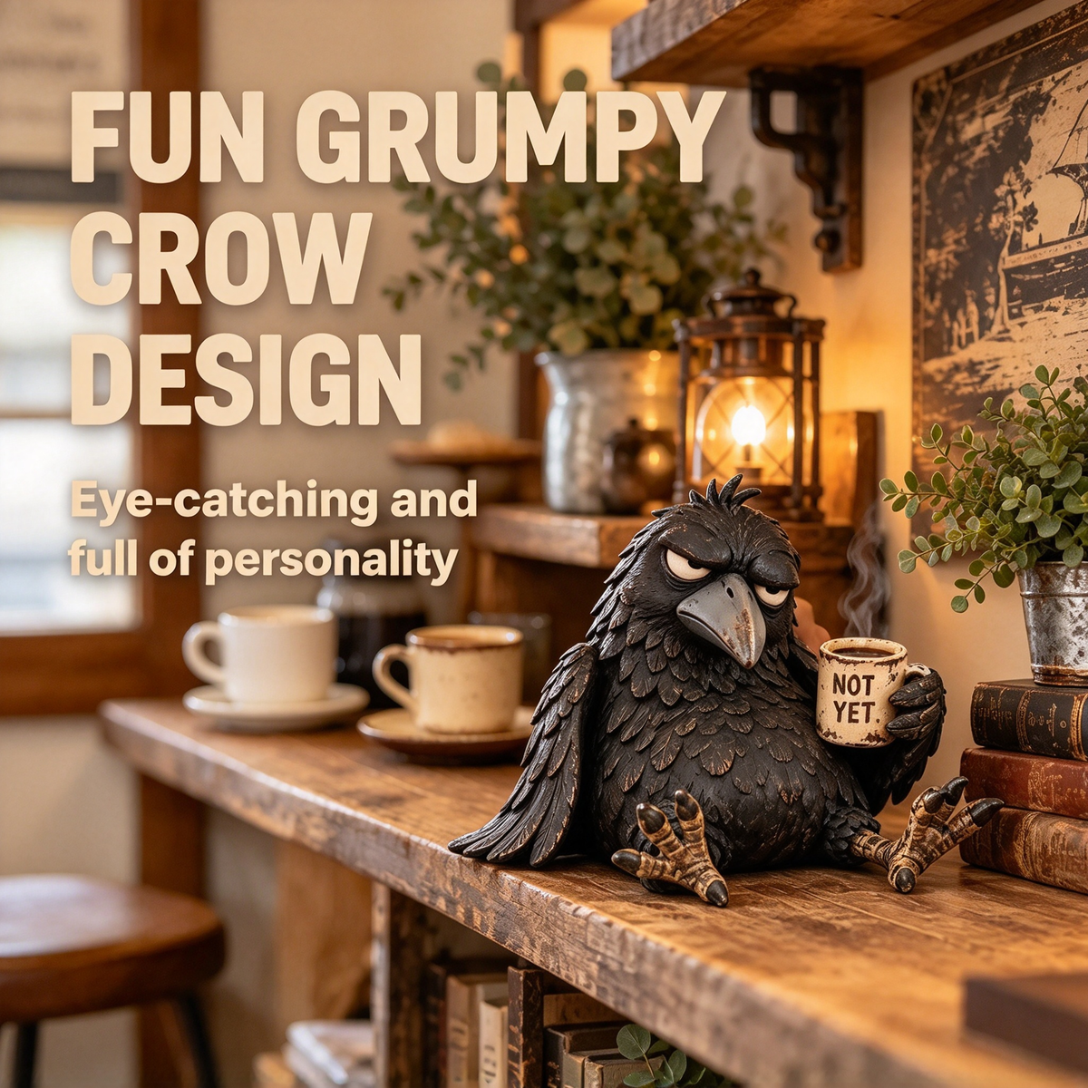 🖤 Grumpy Crow "Not Yet" Coffee Resin Decor Statue