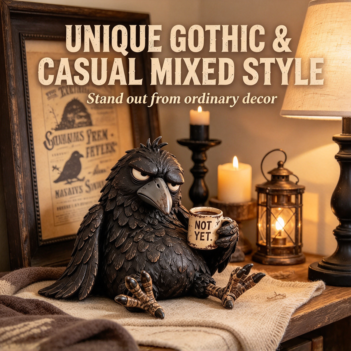 🖤 Grumpy Crow "Not Yet" Coffee Resin Decor Statue