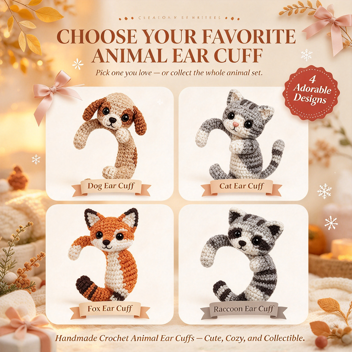 🐾 3D Hugging Animal Crochet Ear Cuff