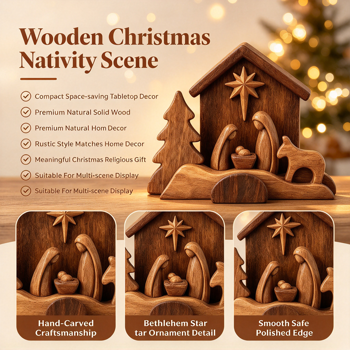 🪵 Rustic Wooden Nativity Scene Religious Christmas Decor