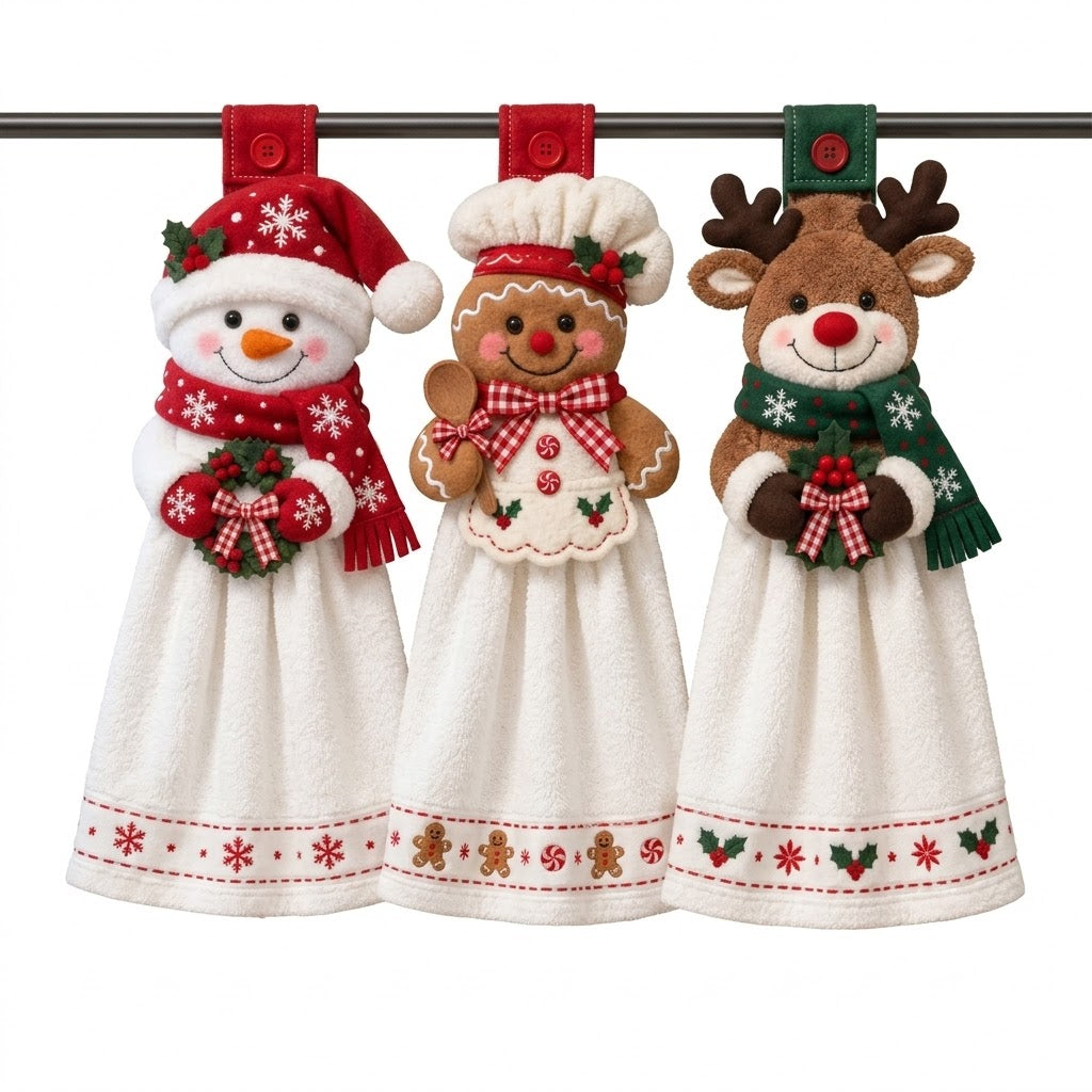 🎄 Christmas Hanging Kitchen Towel, Snowman Gingerbread Reindeer Decorative Hand Towel