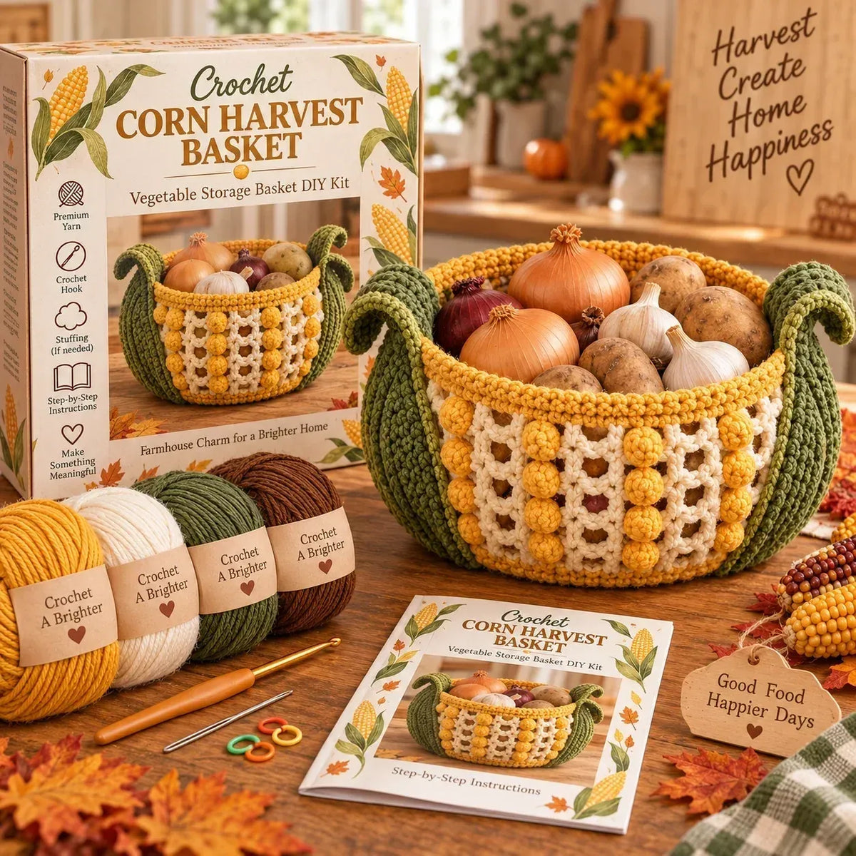 🍂🧶 Harvest Basket Crochet DIY Kit – Charming Vegetable Storage & Fall Décor