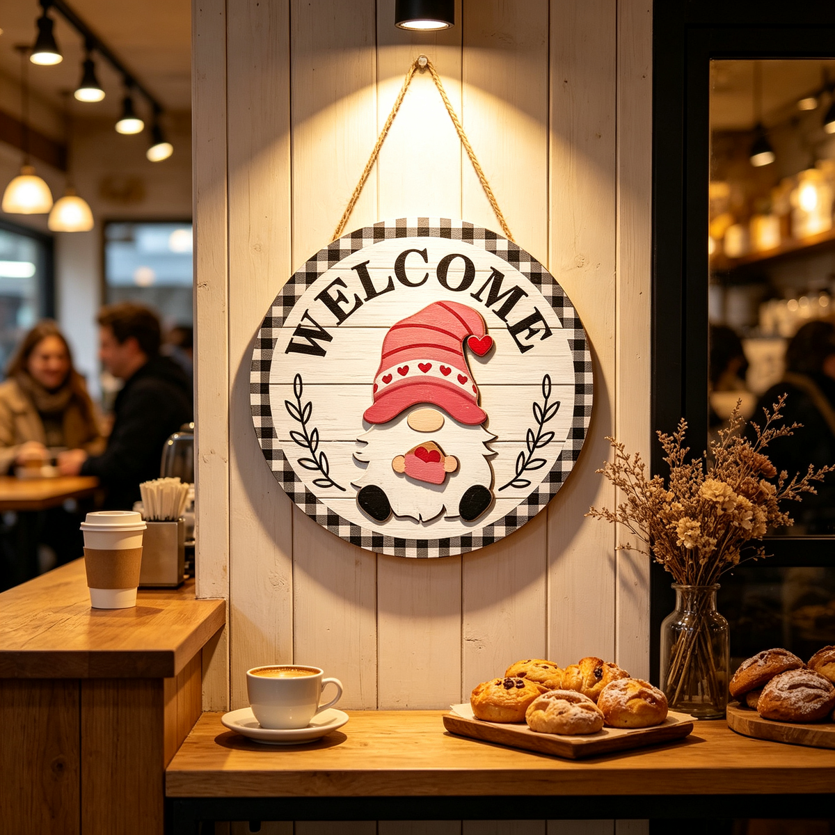 🎄Interchangeable Gnome Welcome Sign🧲 | Magnetic Seasonal Hat & Hand Inserts Round Wooden Door Hanger for Front Porch Decor