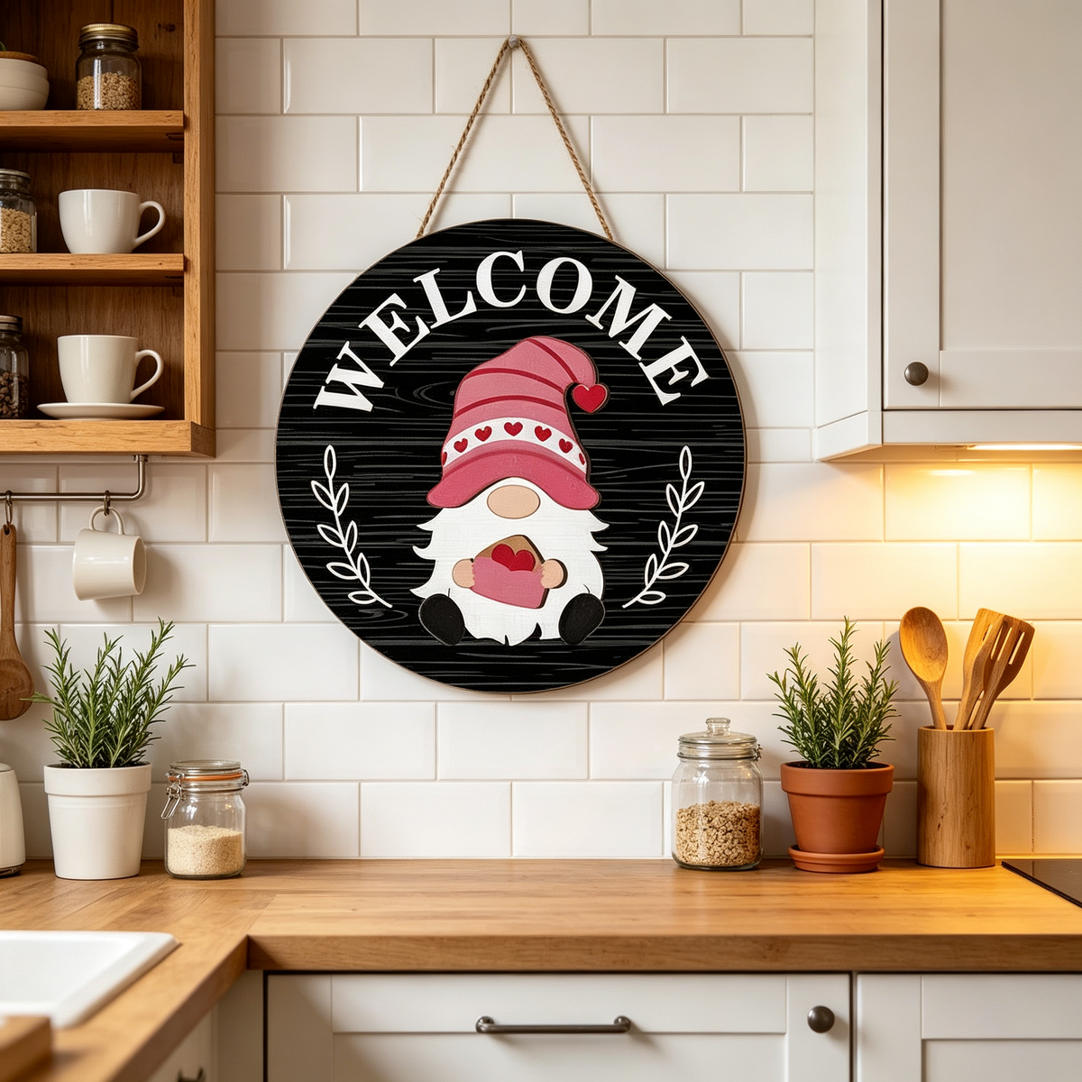 🎄Interchangeable Gnome Welcome Sign🧲 | Magnetic Seasonal Hat & Hand Inserts Round Wooden Door Hanger for Front Porch Decor