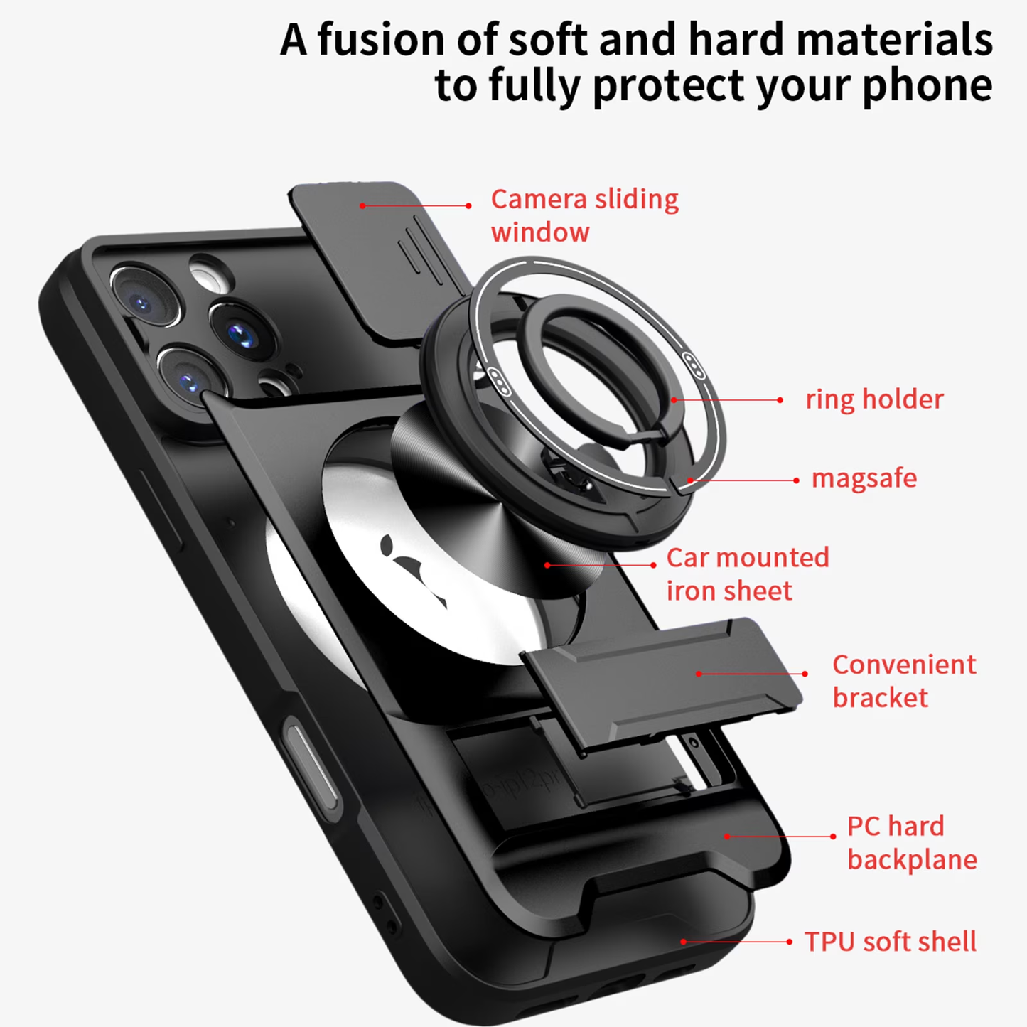 🛡️ Magnetic MagSafe Phone Case | Slide Camera Cover + Multi-Angle Kickstand & Ring Holder
