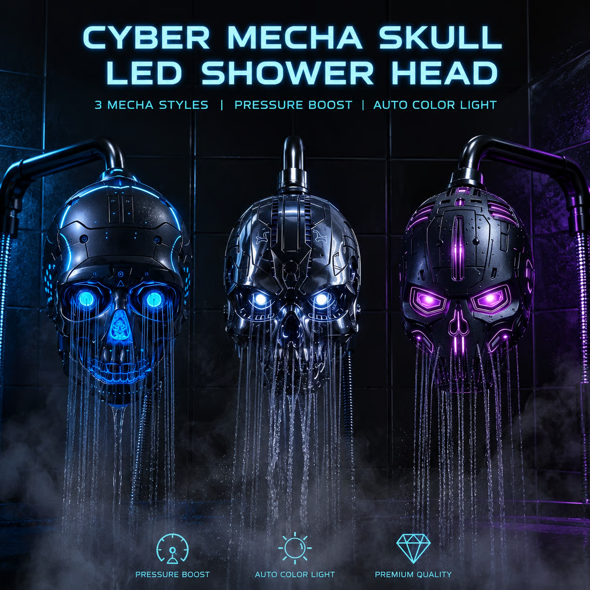Cyber Mecha Skull Color Changing LED Pressure Boost Shower Head