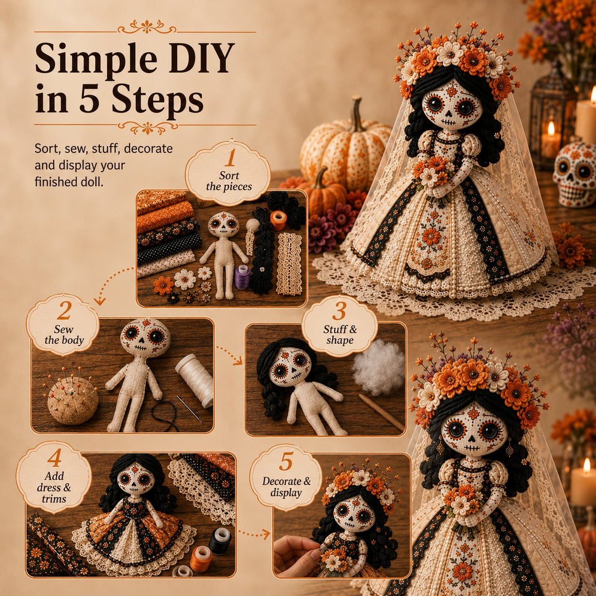 ๐ Day of the Dead Patchwork Doll DIY Sewing Kit โ Handmade Fabric Doll Making Kit with Floral Details