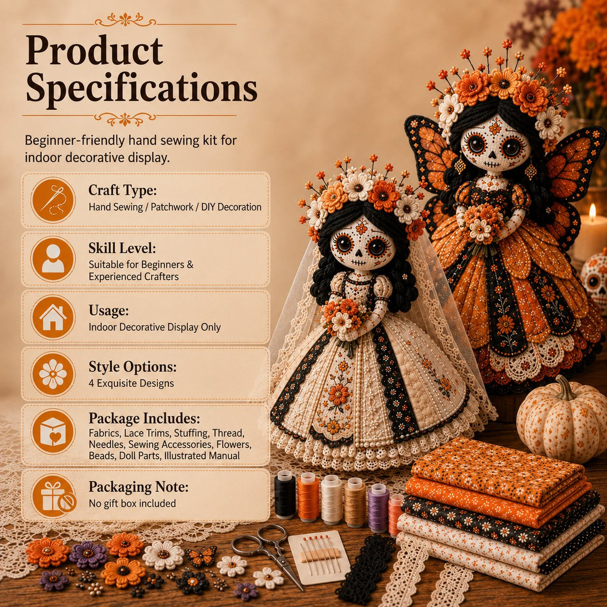 ๐ Day of the Dead Patchwork Doll DIY Sewing Kit โ Handmade Fabric Doll Making Kit with Floral Details