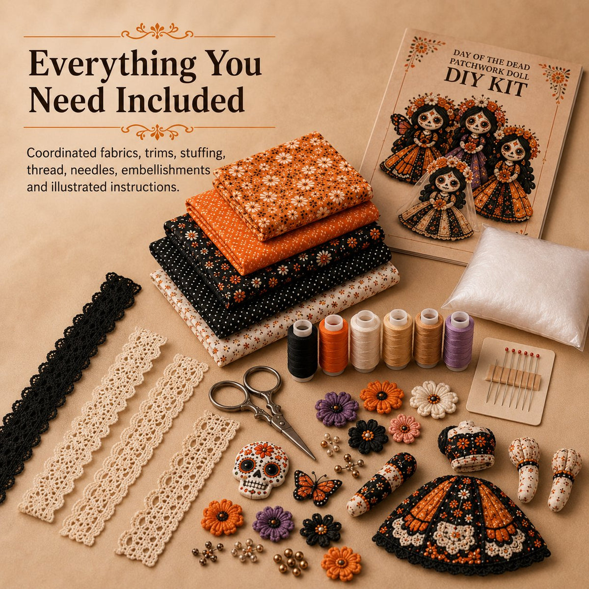 ๐ Day of the Dead Patchwork Doll DIY Sewing Kit โ Handmade Fabric Doll Making Kit with Floral Details