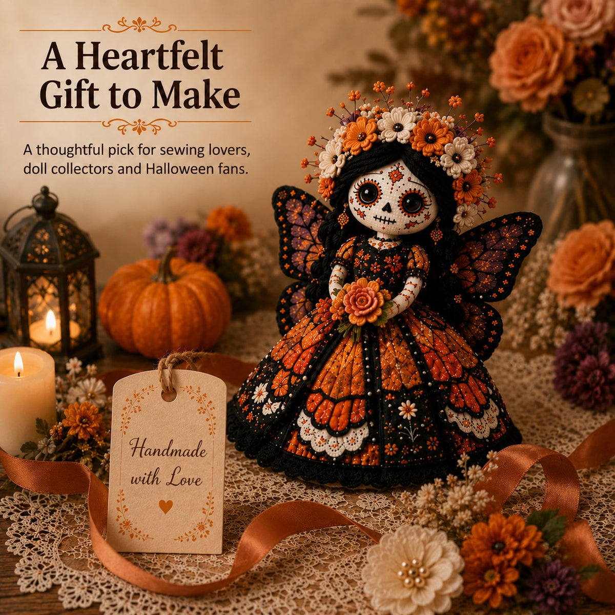 ๐ Day of the Dead Patchwork Doll DIY Sewing Kit โ Handmade Fabric Doll Making Kit with Floral Details