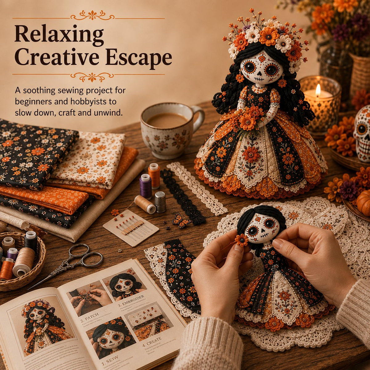 ๐ Day of the Dead Patchwork Doll DIY Sewing Kit โ Handmade Fabric Doll Making Kit with Floral Details