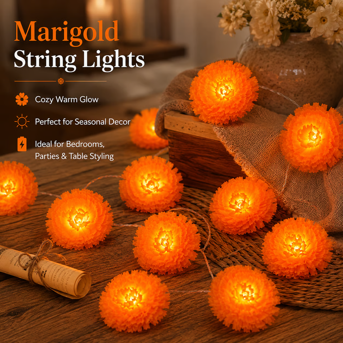 🌼 LED Marigold String Lights — Brighten Every Festive Celebration! ✨