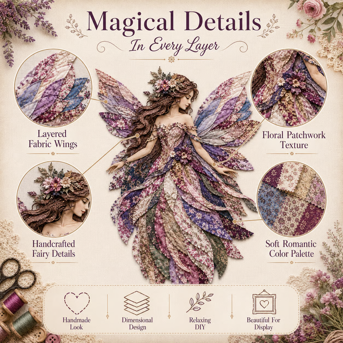 🧚♀️🌸 Premium Fairy Patchwork DIY Kit | High-Quality Layered Fabric with Floral Wings DIY Handmade Fantasy Wall Decor ✨