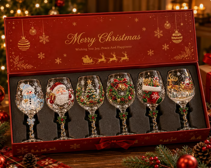 🎄3D Embossed Christmas Wine Glass Gift Box Set✨