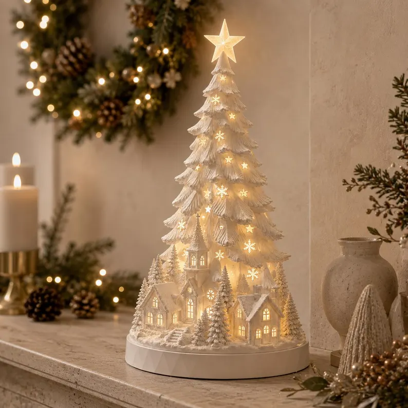 🎄Christmas Village Tree Light|Lighted White Christmas Village Tree Decor