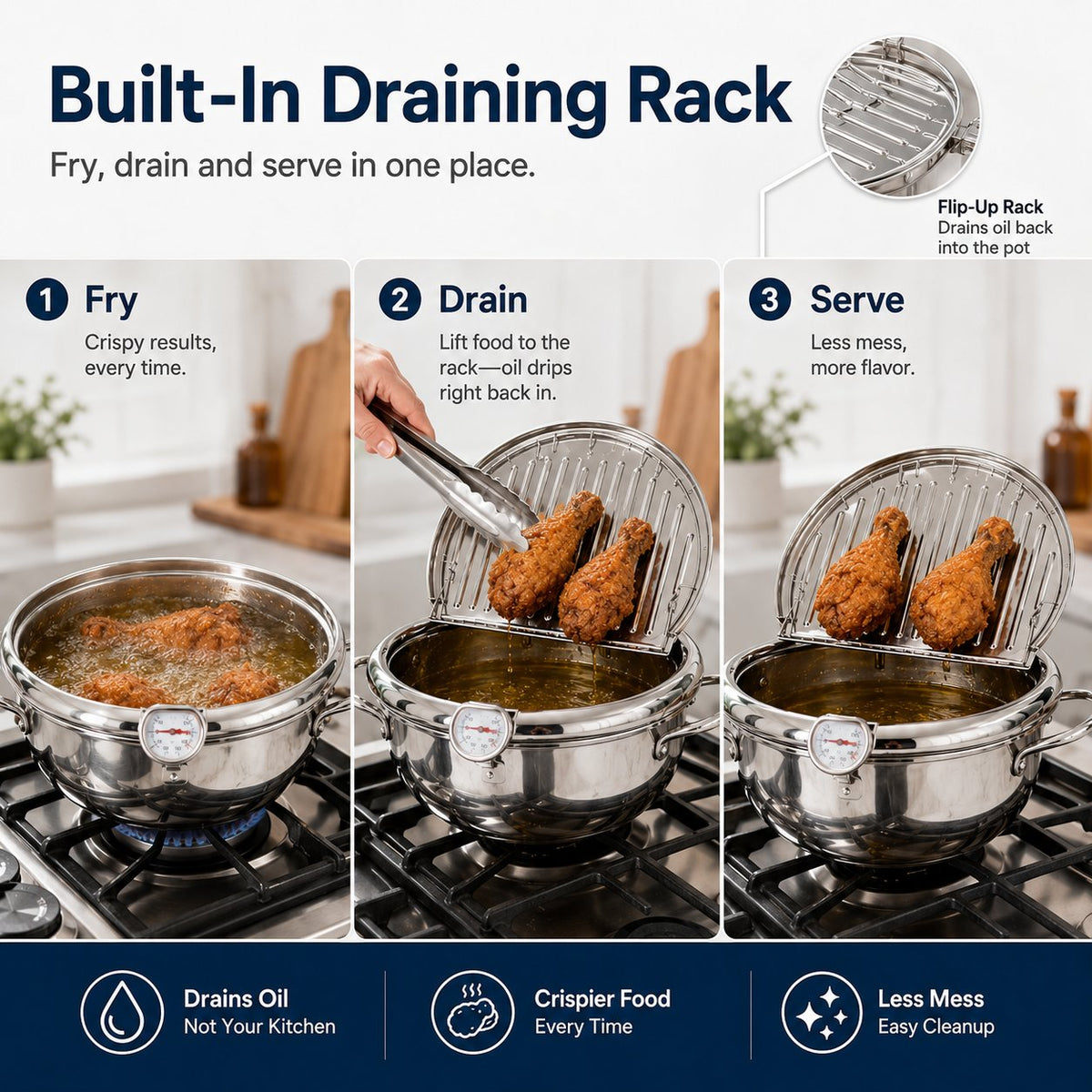 🔥🍤304 Stainless Steel Deep Frying Pot with Strainer Basket and Thermometer
