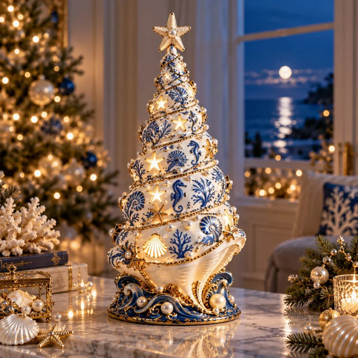 🌊Coastal Christmas Seashell Tree Projection Lamp| Warm Glow &Ocean-Inspired Holiday Projection