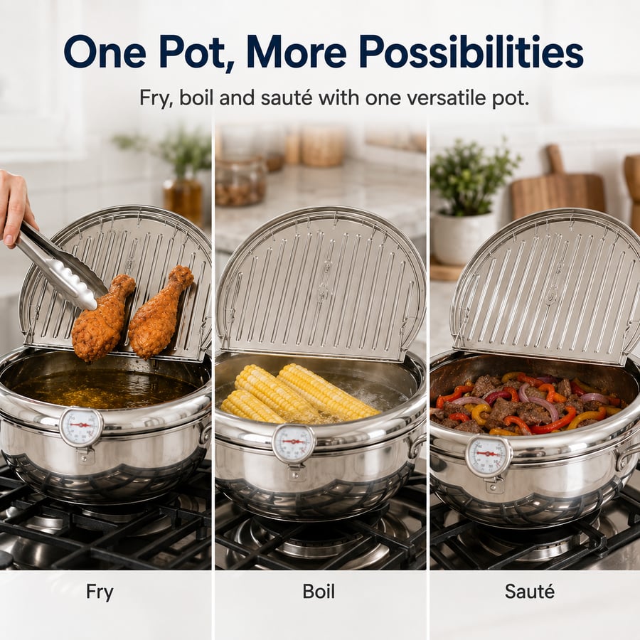 🔥🍤304 Stainless Steel Deep Frying Pot with Strainer Basket and Thermometer