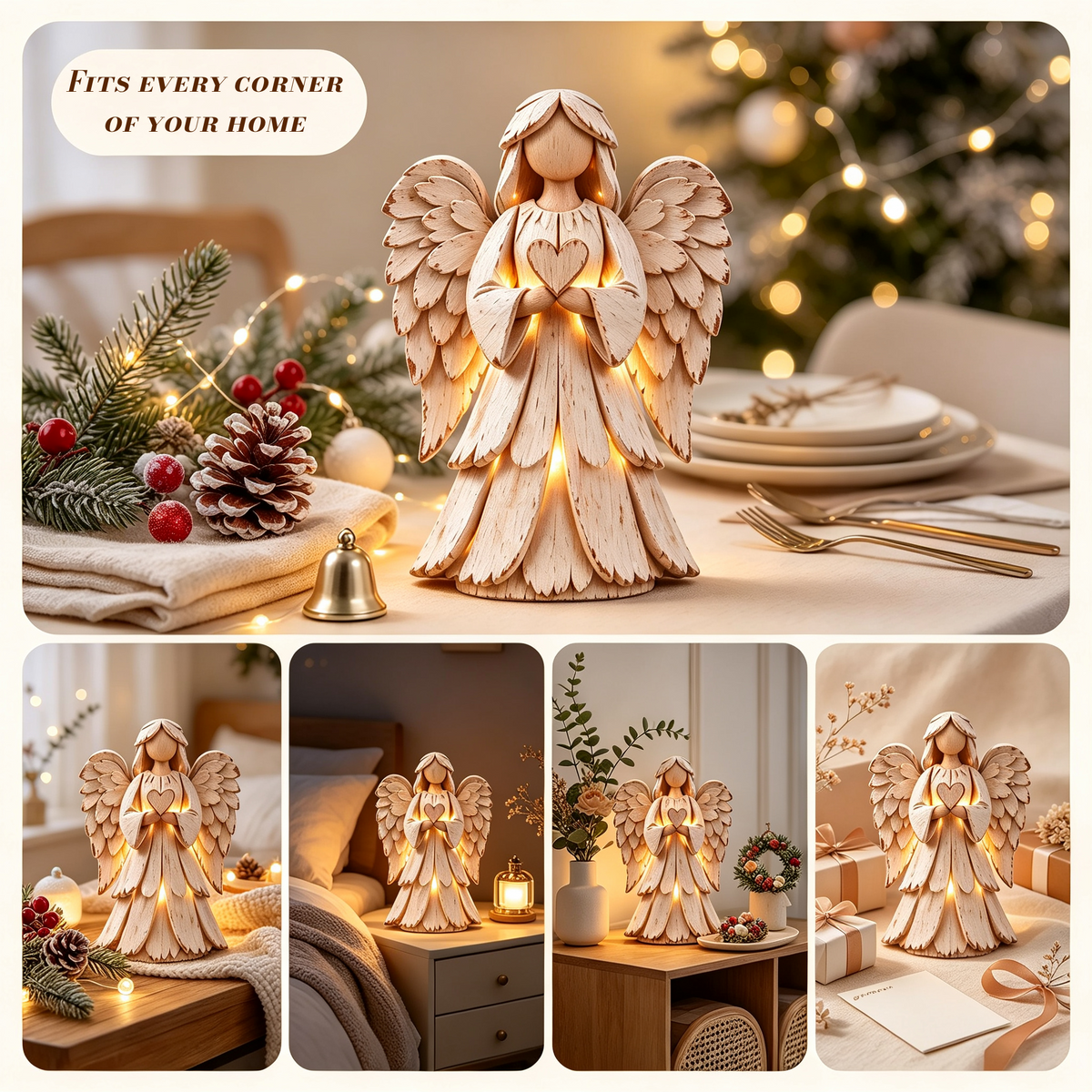 🕊️ Rustic Wood-Style Angel Figurine With Warm Ambient Light