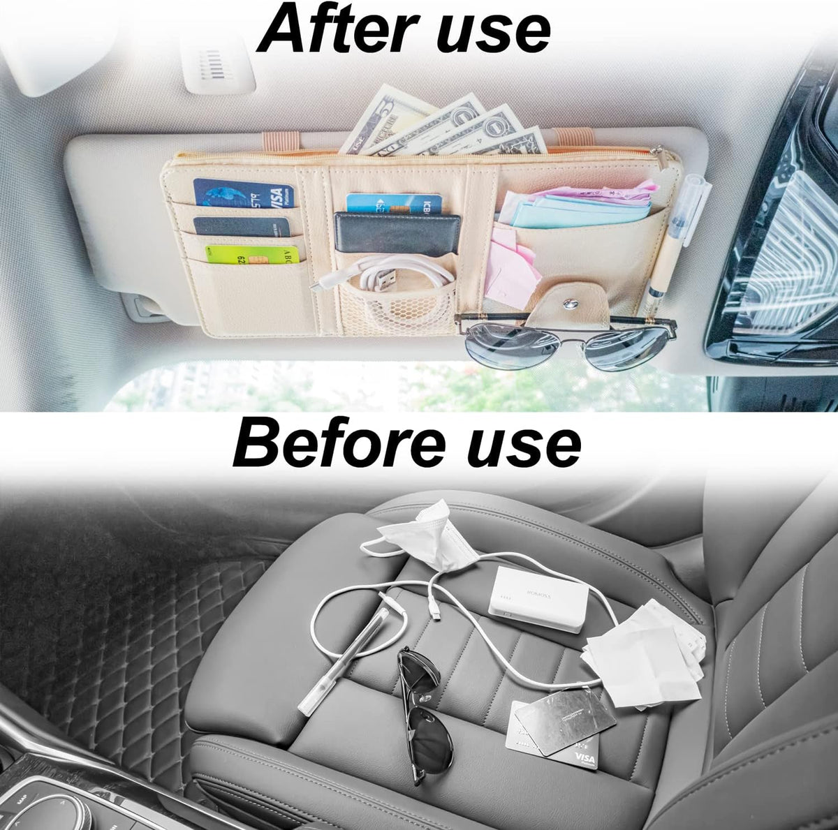 🕶️🚗Car Sun Visor Organizer-Leather Zippered Pouch for Personal Items