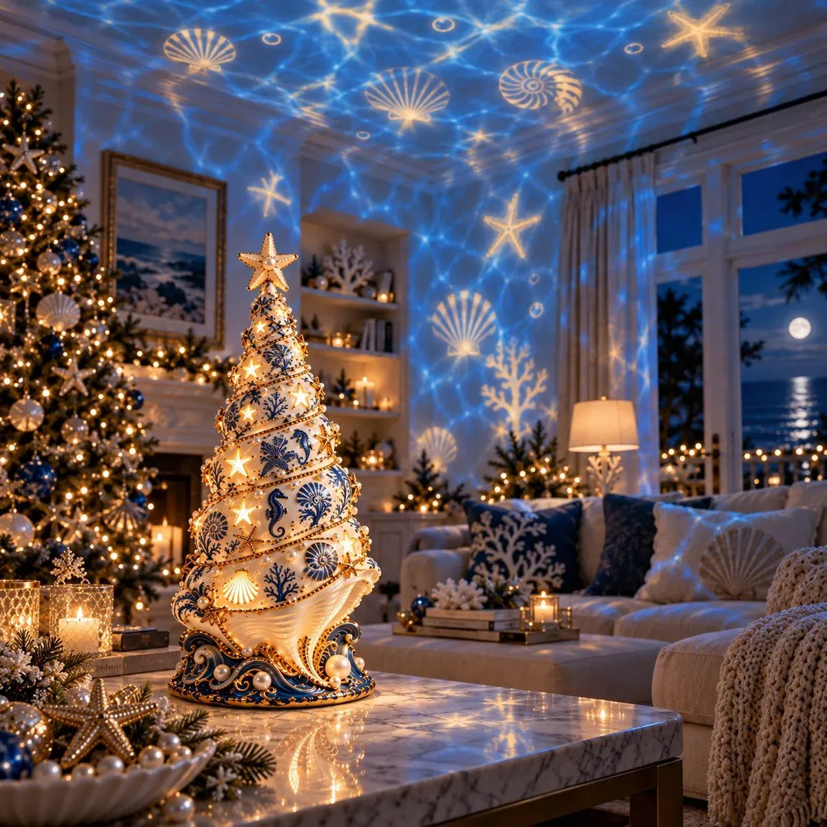 🌊Coastal Christmas Seashell Tree Projection Lamp| Warm Glow &Ocean-Inspired Holiday Projection