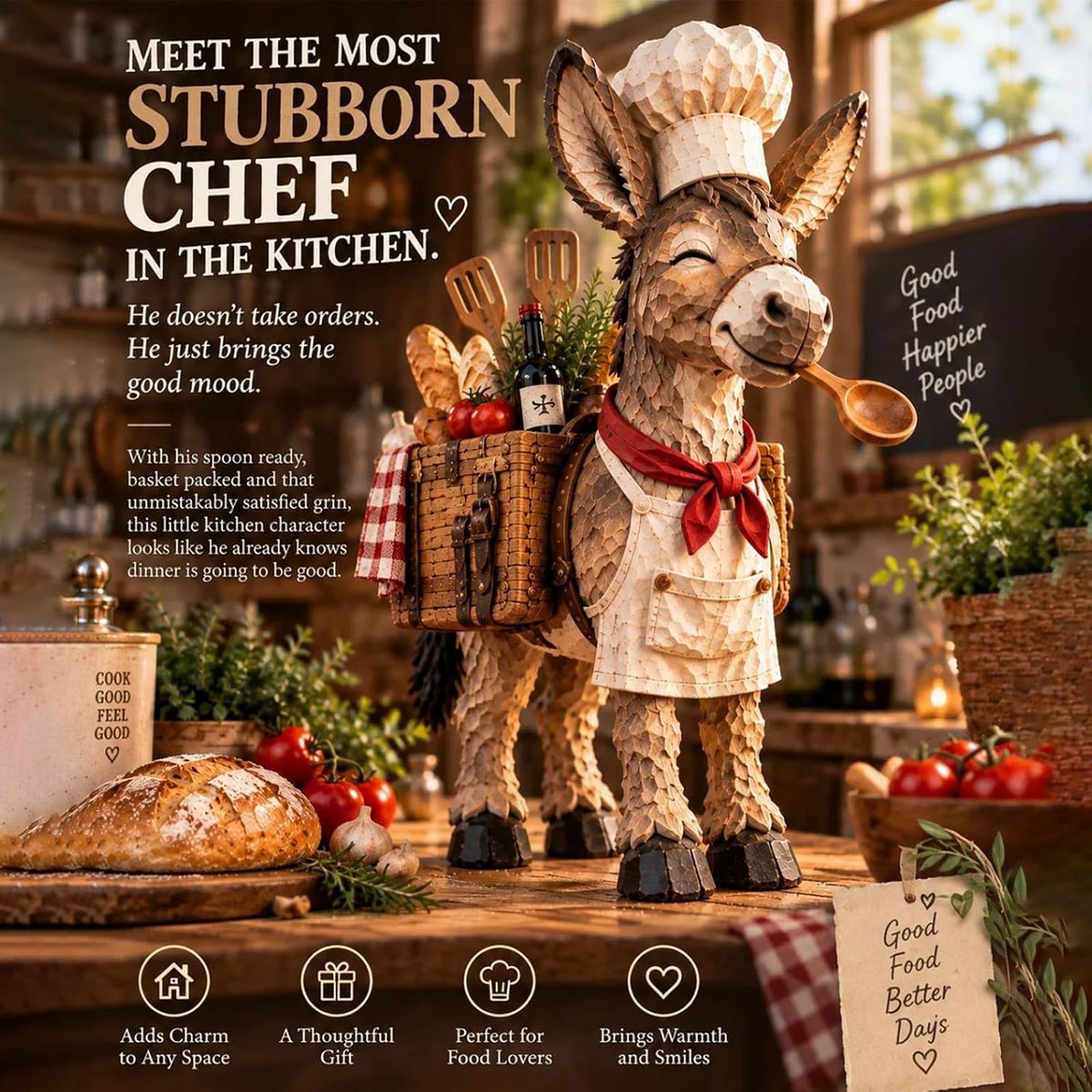 🥄The Stubborn Little Chef – Rustic Donkey Kitchen Figurine