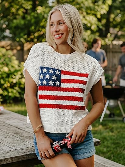 Women's Loose-Fit Short-Sleeve Knitted Sweater with American Flag Pattern
