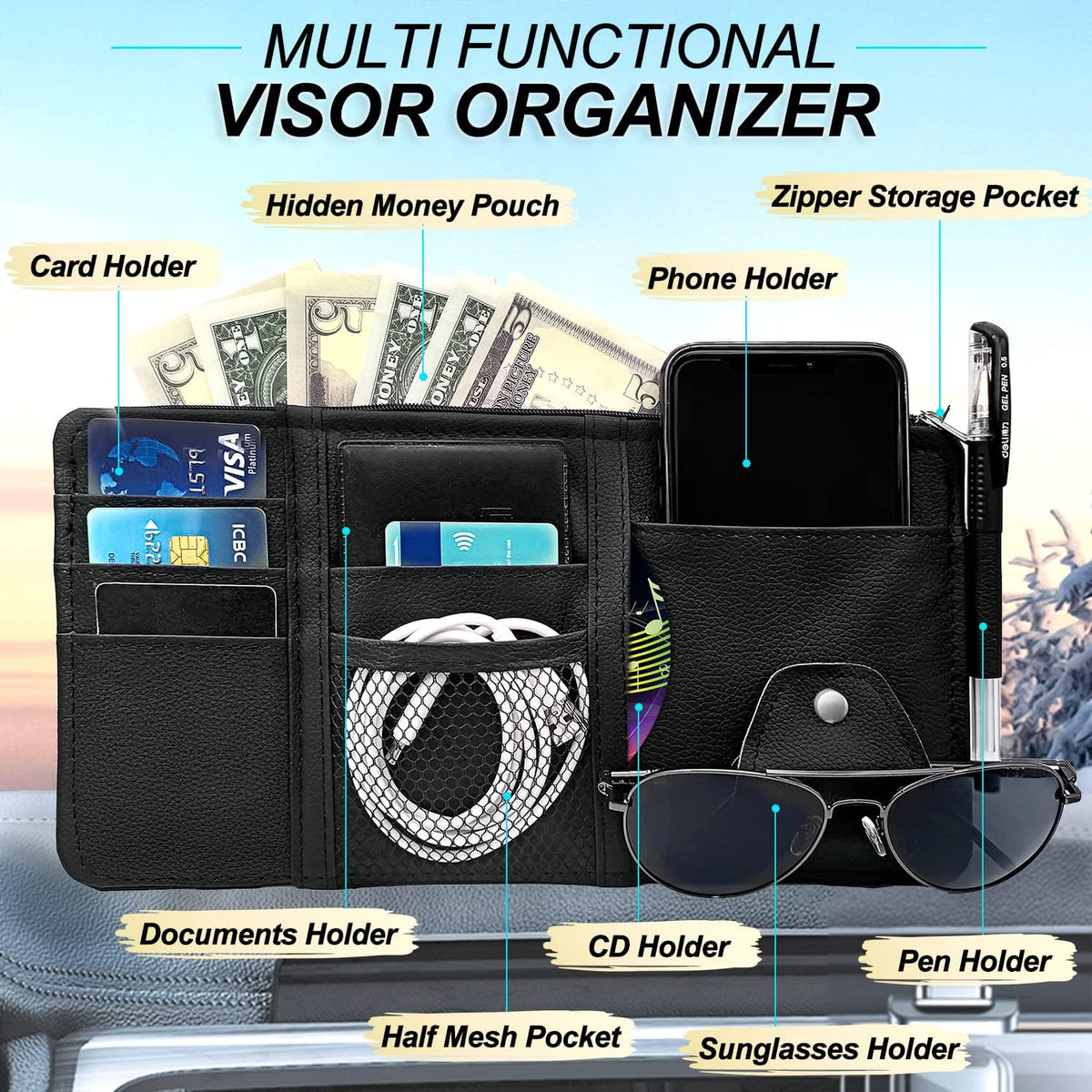 🕶️🚗Car Sun Visor Organizer-Leather Zippered Pouch for Personal Items