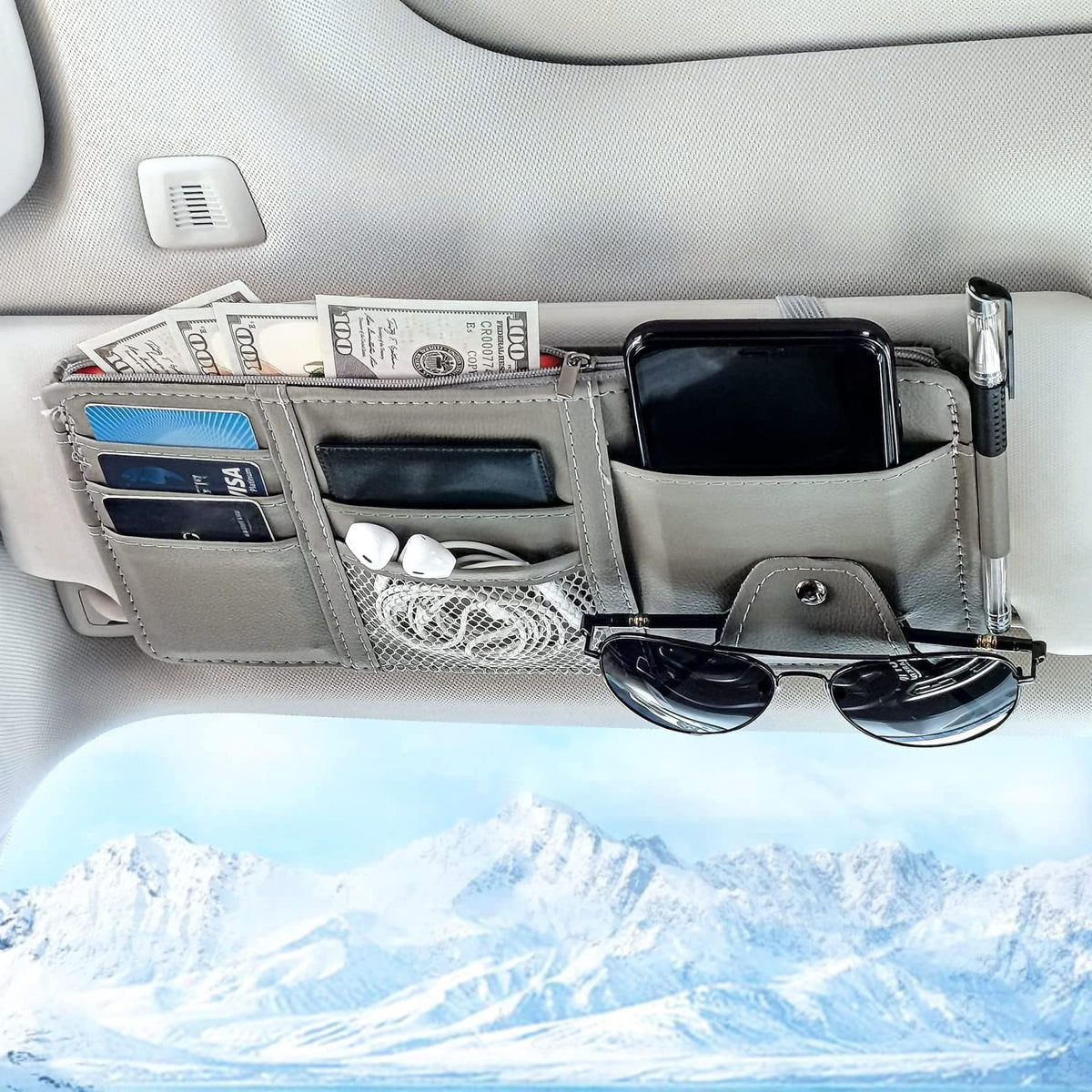 🕶️🚗Car Sun Visor Organizer-Leather Zippered Pouch for Personal Items