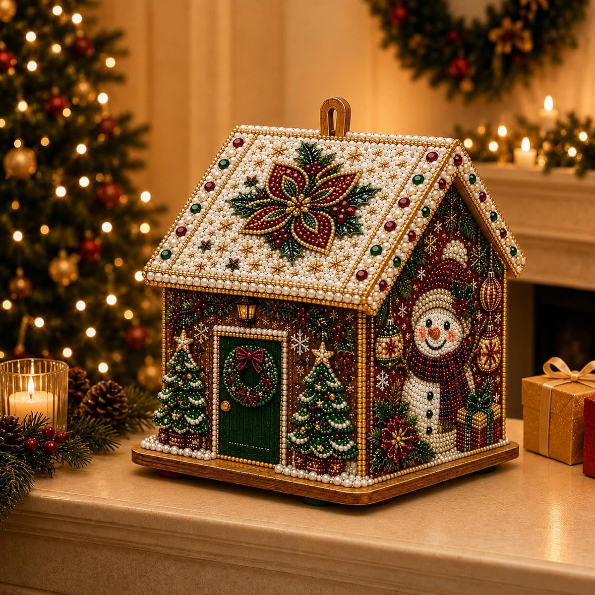 🎅3D Christmas House Pearl & Diamond Painting Kit – DIY Wooden Holiday Craft