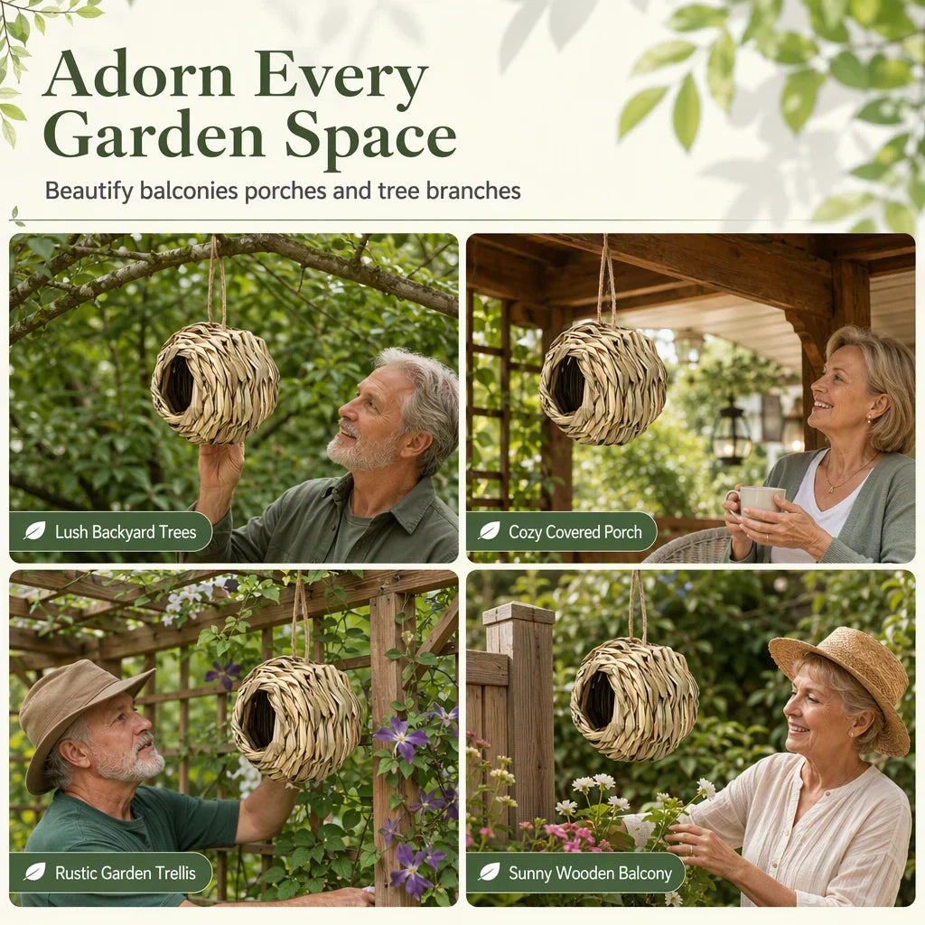 🐦Handwoven Straw Spherical Bird Nest with Round Opening for Outdoor Garden and Yard Decoration