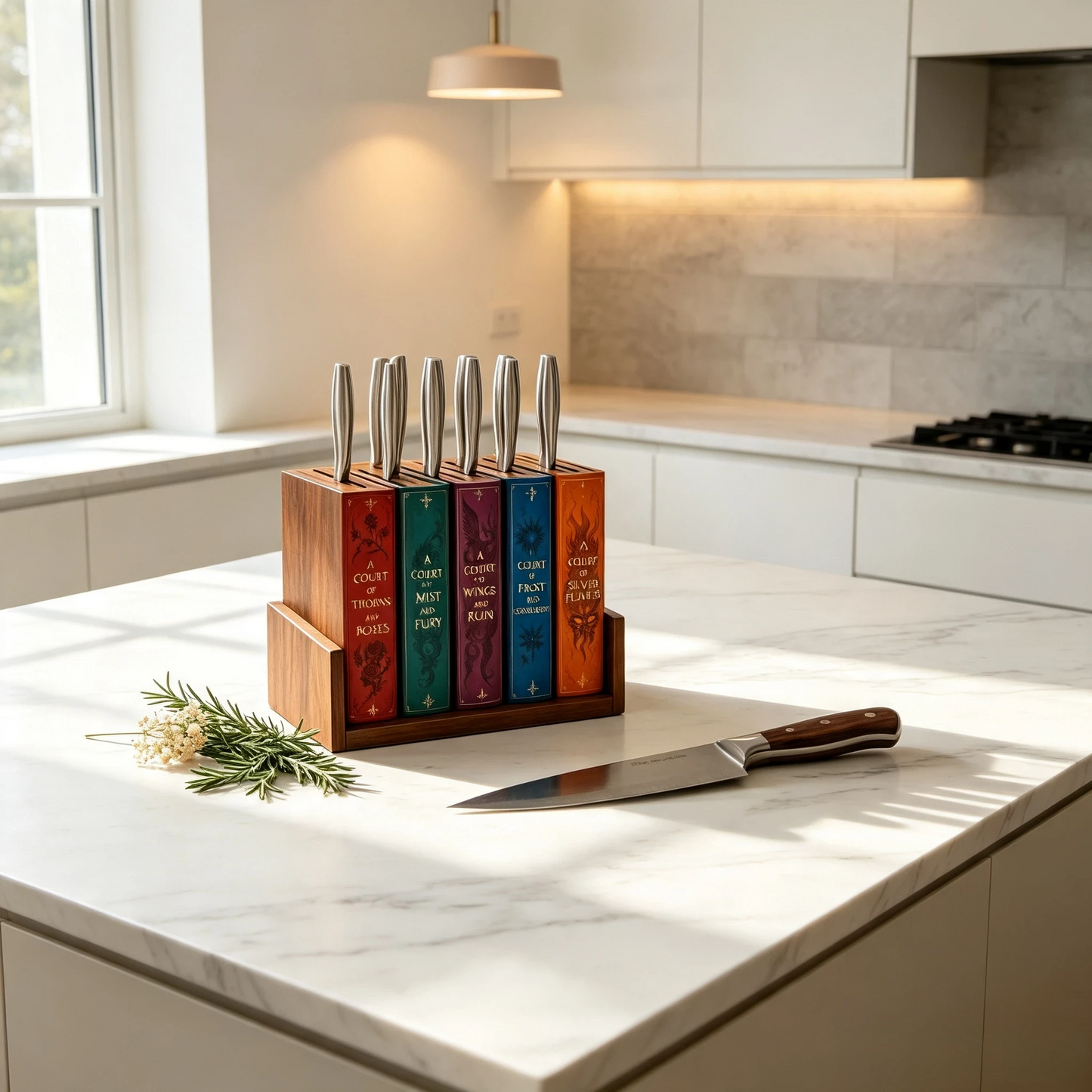 📚 Storybook Wooden Knife Block – Decorative Book Spine Kitchen Holder for 5 Knives
