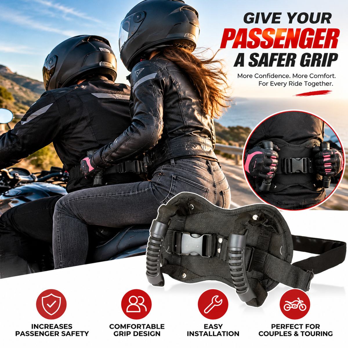 ๐๏ธ Motorcycle Passenger Grab Handle Belt โ Rear Seat Safety Grip Strap For Two Riders