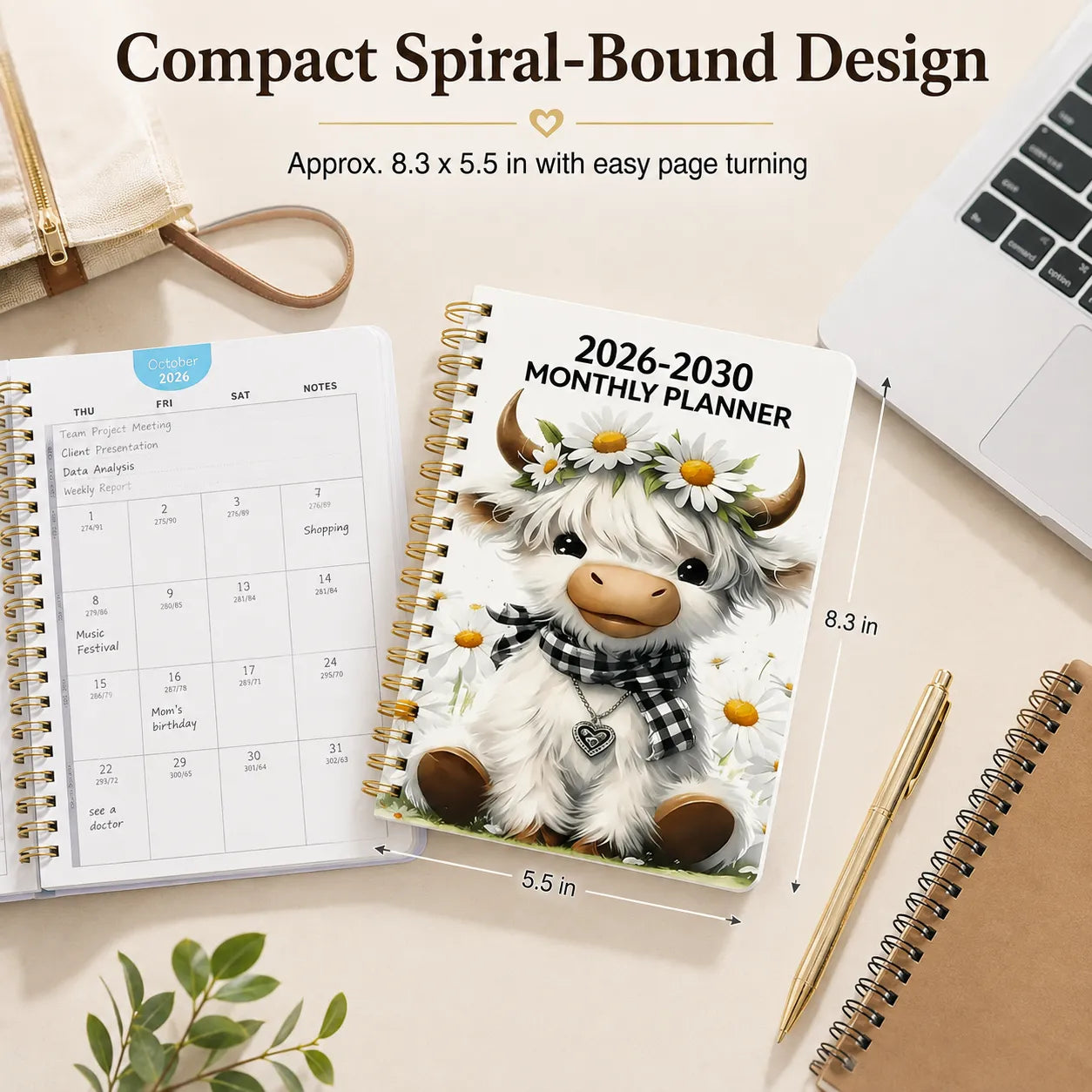 š® Cute Cow 5-Year Planner 2026ā2030 | Monthly Organizer with Farmhouse Cover, Goal Tracking Pages & Long-Term Planning Layout āØ
