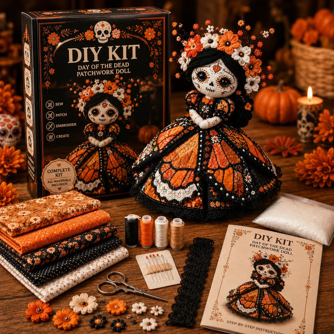 ๐ Day of the Dead Patchwork Doll DIY Sewing Kit โ Handmade Fabric Doll Making Kit with Floral Details