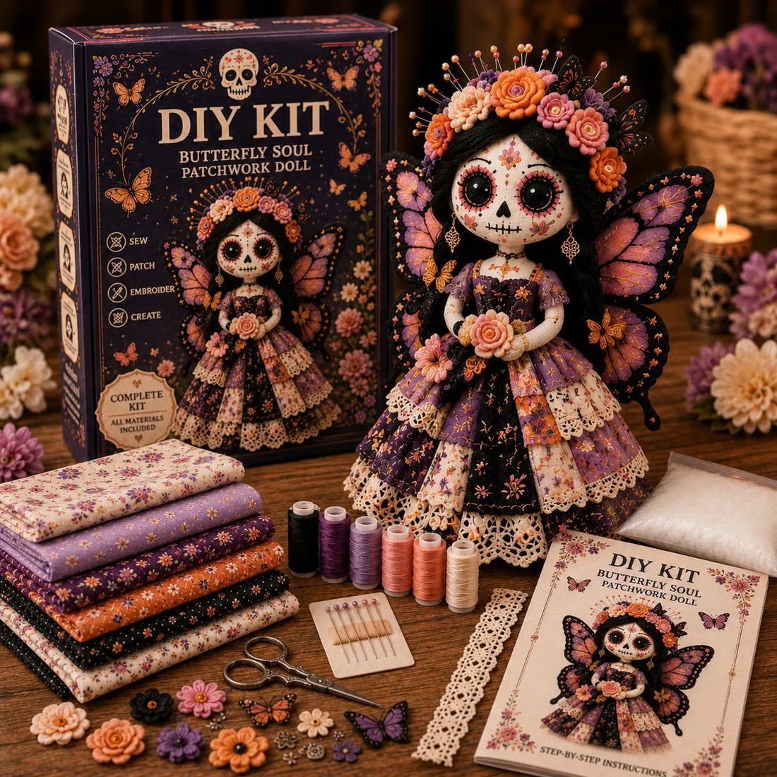 ๐ Day of the Dead Patchwork Doll DIY Sewing Kit โ Handmade Fabric Doll Making Kit with Floral Details