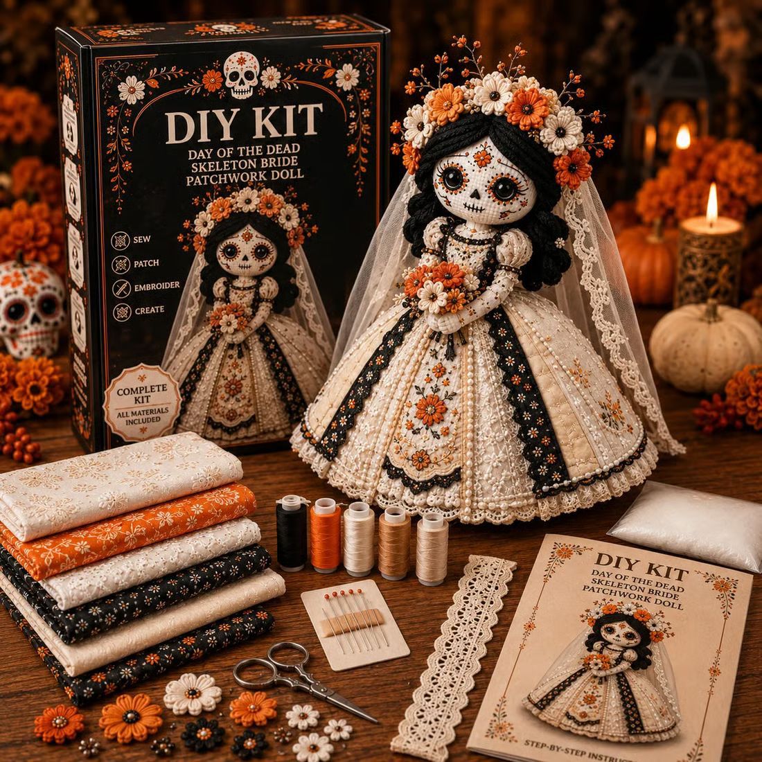 ๐ Day of the Dead Patchwork Doll DIY Sewing Kit โ Handmade Fabric Doll Making Kit with Floral Details